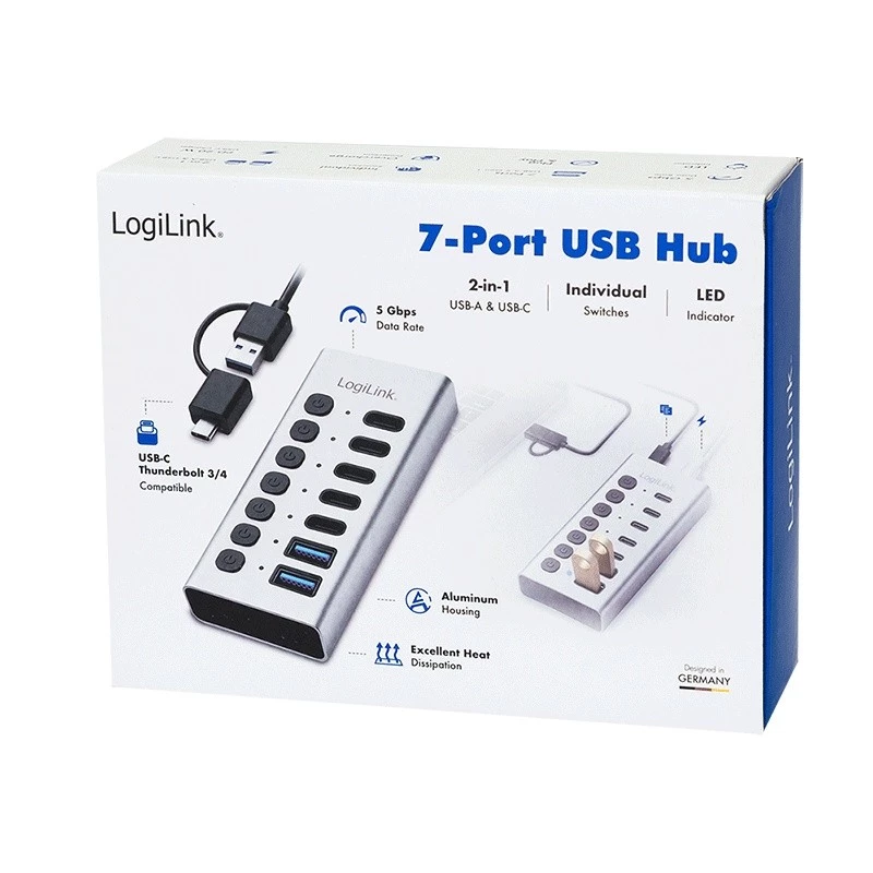 Hub USb3.2 Gen1 7 prievadų USB-A/C, įjungimo/išjungimo jungiklis