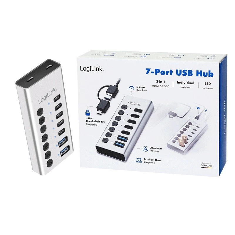 Hub USb3.2 Gen1 7 prievadų USB-A/C, įjungimo/išjungimo jungiklis
