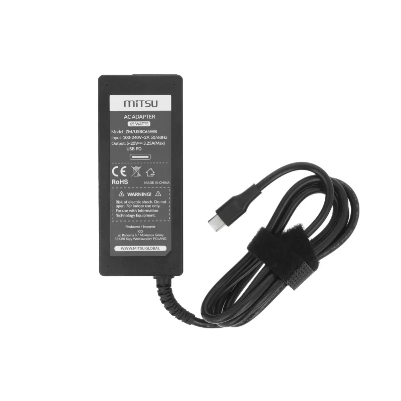 Nešiojamojo kompiuterio įkroviklis 65W USB-C 5V-9V-12V-15V-20V/3A, 20V/3.25A PD