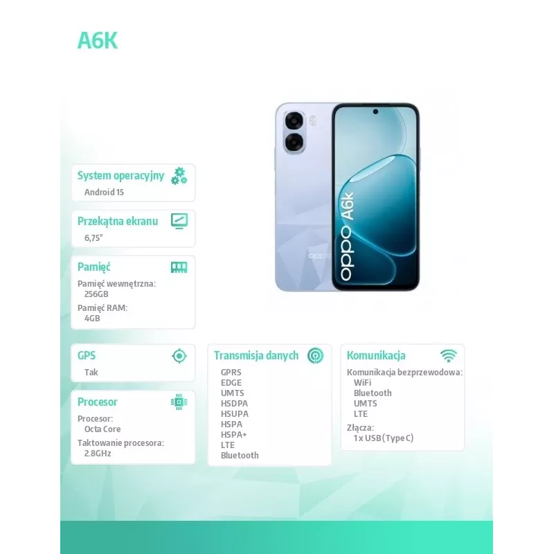 Išmanusis telefonas A6k 4G 4/256GB CPH2891 šviesiai violetinės spalvos