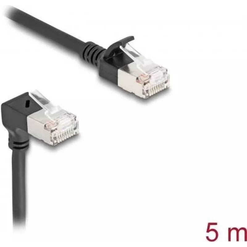 Delock RJ45 tinklo kabelis Cat.6A S/FTP plonas 90° viršuje kampinis / tiesus 5 m juodas (80290)