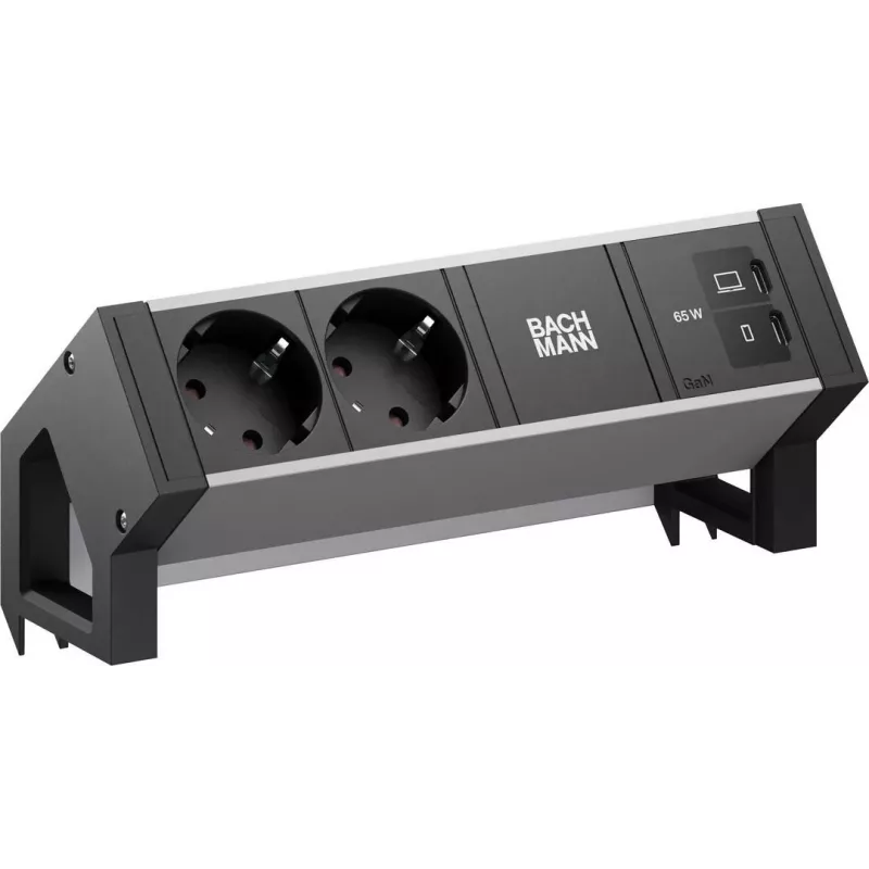 BACHMANN DESK2 ALU Juoda 2xCEE7/3, 1xUSB C/C 65W L=0,2m (BM0022046)