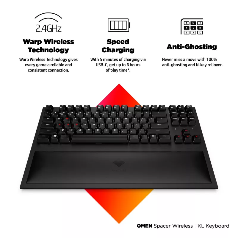 HP OMEN Spacer Wireless TKL klaviatūra, pilno dydžio (100%), belaidė, RF belaidė, mechaninė, juoda