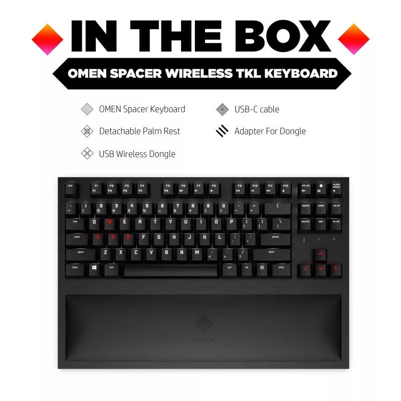 HP OMEN Spacer Wireless TKL klaviatūra, pilno dydžio (100%), belaidė, RF belaidė, mechaninė, juoda