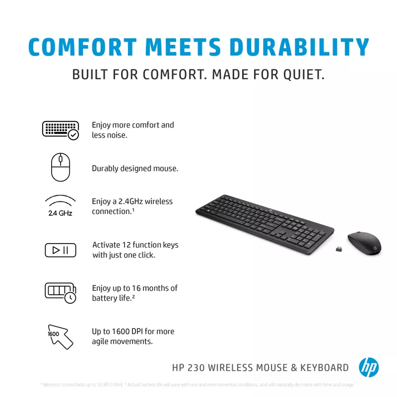 HP 230 belaidžių pelės ir klaviatūros rinkinys, pilno dydžio, belaidis, RF belaidis, membraninė, juoda, pelė įtraukta