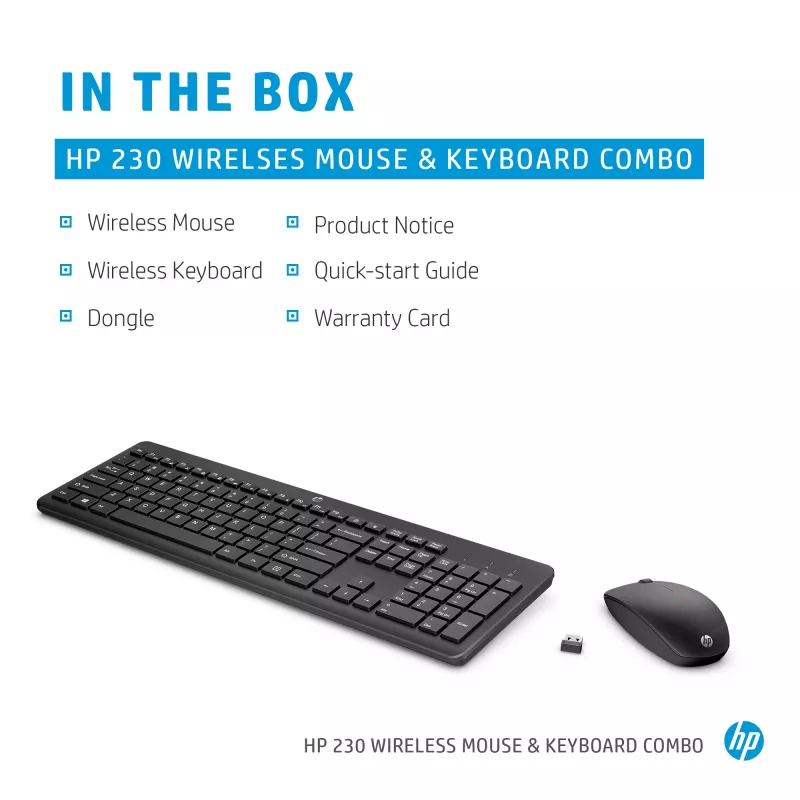 HP 230 belaidžių pelės ir klaviatūros rinkinys, pilno dydžio, belaidis, RF belaidis, membraninė, juoda, pelė įtraukta