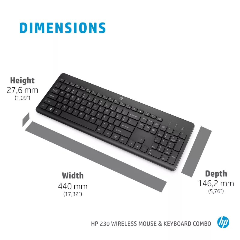HP 230 belaidžių pelės ir klaviatūros rinkinys, pilno dydžio, belaidis, RF belaidis, membraninė, juoda, pelė įtraukta