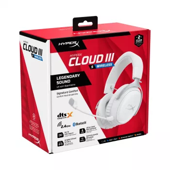 HyperX Cloud III S - belaidės žaidimų ausinės (baltos), belaidės, 20–20000 Hz, žaidimams, 340 g, ausinės, baltos