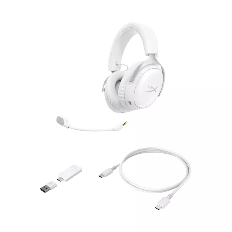 HyperX Cloud III S - belaidės žaidimų ausinės (baltos), belaidės, 20–20000 Hz, žaidimams, 340 g, ausinės, baltos
