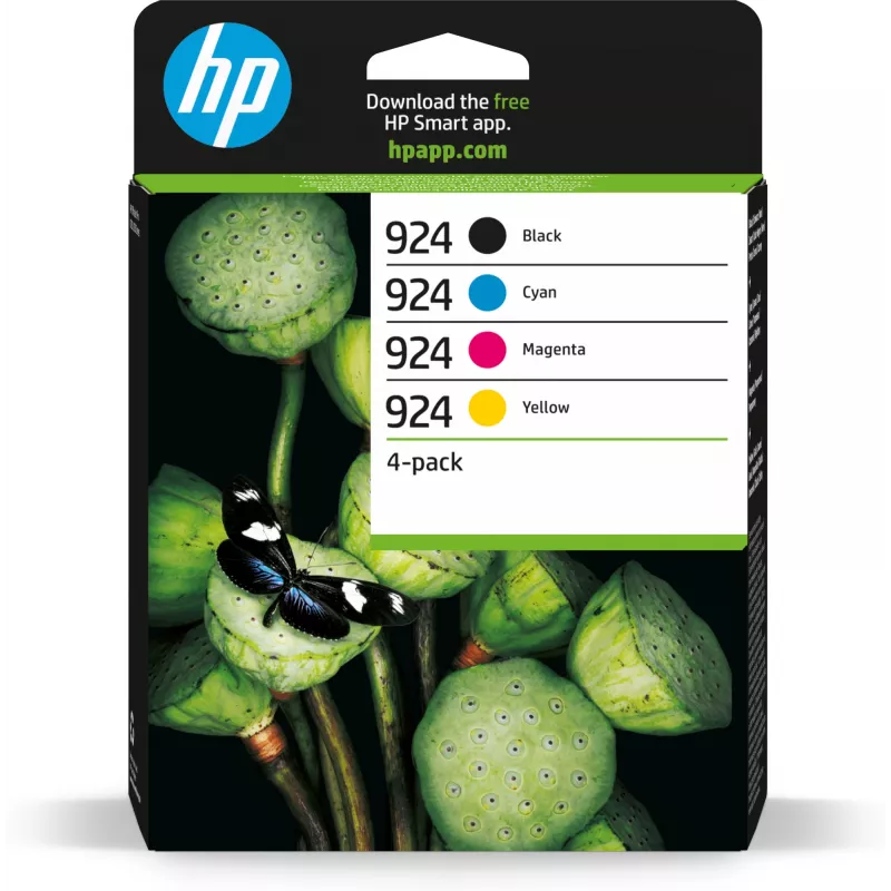 HP 924 CMYK originali rašalo kasetė, 4 pakuočių rinkinys, standartinis našumas, juoda, žydra, purpurinė, geltona, 4 vnt., 500 puslapių, 400 puslapių, viena pakuotė