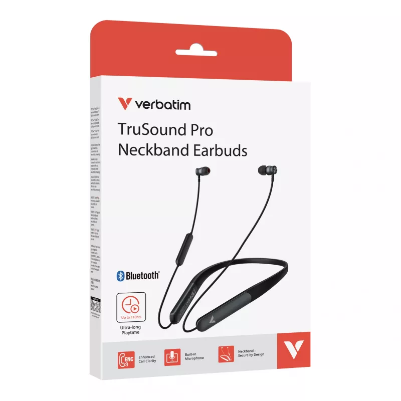 Verbatim TruSound Pro Neckband Earbuds Juoda, Wireless, Music/Everyday, 20 - 20000 Hz, 74 g, Headset, Juoda