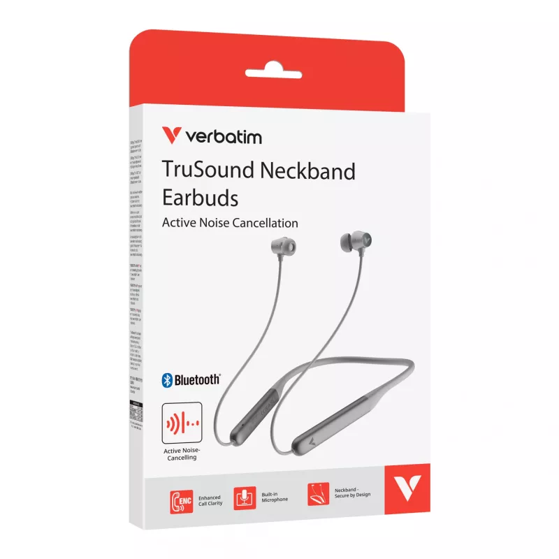 Verbatim TruSound ANC Neckband Earbuds Pilka, Wireless, 20 - 20000 Hz, Music/Everyday, 46.5 g, Headset, Pilka