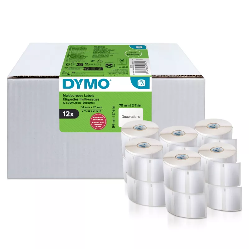 DYMO Authentic LabelWriter universalios etiketės | 54 mm x 70 mm | Lipnios | 12 rulonų po 320 lengvai nulupamų etikečių (3 840 vnt.) | skirtos LabelWriter etikečių spausdintuvams | Pagaminta Europoje
