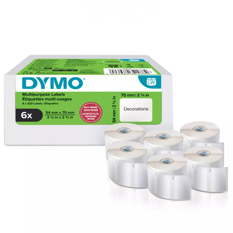 „DYMO“ autentiškos „LabelWriter“ universalios etiketės | 54 mm x 70 mm | lipnios | 6 rulonai po 320 lengvai nulupamų etikečių (iš viso 1920) | skirtos „LabelWriter“ etikečių spausdintuvams | pagaminta Europoje