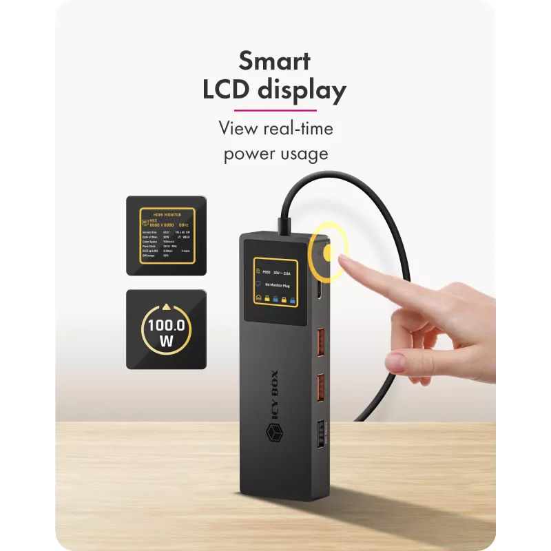 ICY BOX Spade Dock 4038, 7-in-1 DockingStation su LCD ekranu ir PD 100 W