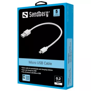 Sandberg MicroUSB sinchronizavimo / įkrovimo kabelis 0,2 m, 0,2 m, USB A, Micro-USB B, USB 2.0, baltas