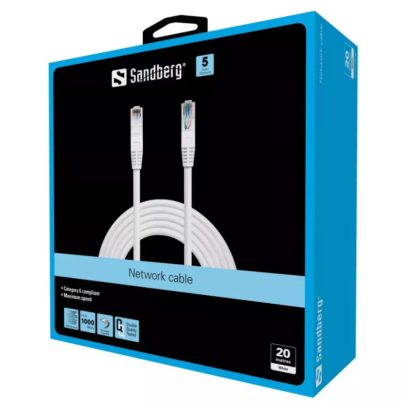 Sandberg tinklo kabelis UTP Cat6 20 m, 20 m, Cat6, U/UTP (UTP), RJ-45, RJ-45, baltas