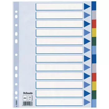 Esselte pertvarėlė PP A4 12 skirtukų, tuščias skirtukų indeksas, polivinilchloridas (PVC), įvairiaspalvė, A4, 2, 4, 6, 225 mm