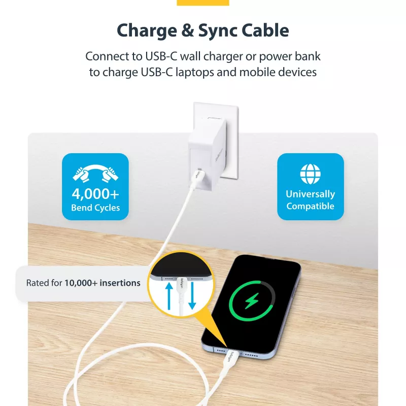 StarTech.com 1m (3,3 pėd.) baltas USB-C įkrovimo laidas 2 vnt. pakuotėje, USB-C laidas, USB 2.0 Type-C nešiojamojo kompiuterio įkrovimo laidas, 60W 3A maitinimo tiekimas, TPE apvalkalas, USB-C duomenų perdavimo laidas, kištukas/kištukas