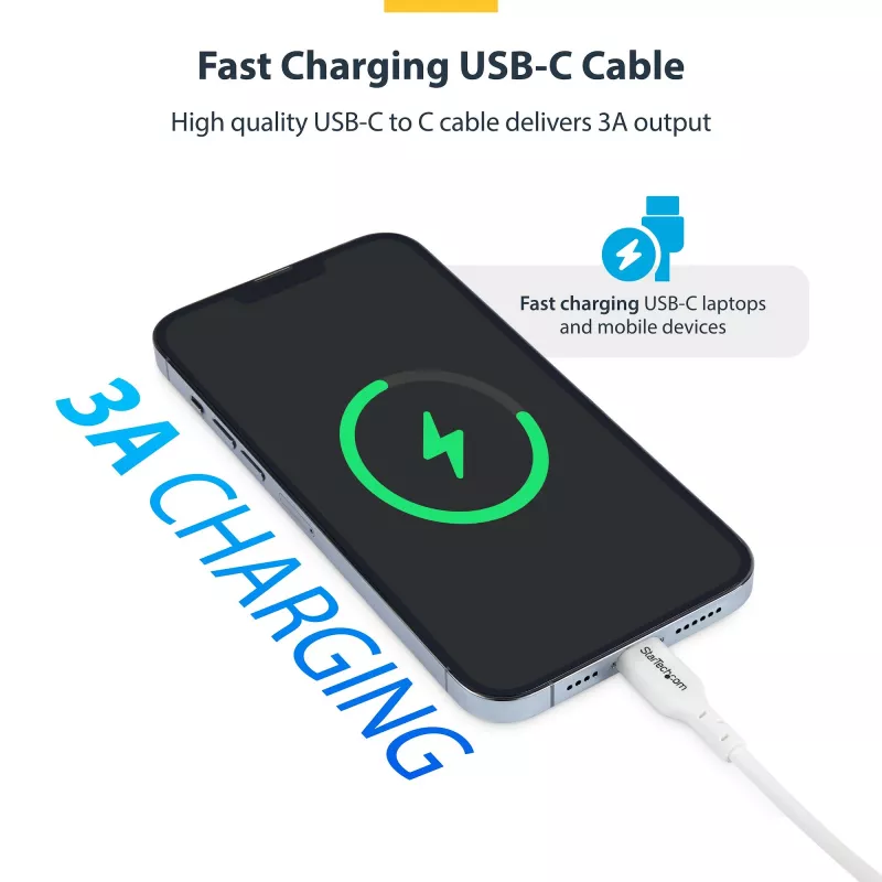 StarTech.com 1m (3,3 pėd.) baltas USB-C įkrovimo laidas 2 vnt. pakuotėje, USB-C laidas, USB 2.0 Type-C nešiojamojo kompiuterio įkrovimo laidas, 60W 3A maitinimo tiekimas, TPE apvalkalas, USB-C duomenų perdavimo laidas, kištukas/kištukas