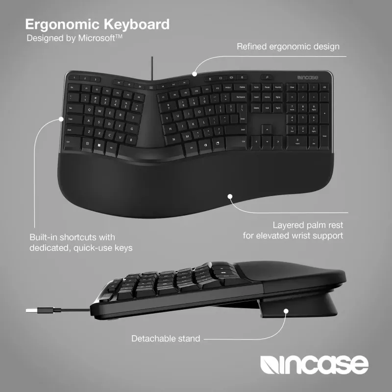 Incase Designed by Microsoft ergonominė klaviatūra, skirta biurui, USB, QWERTY, anglų, juoda