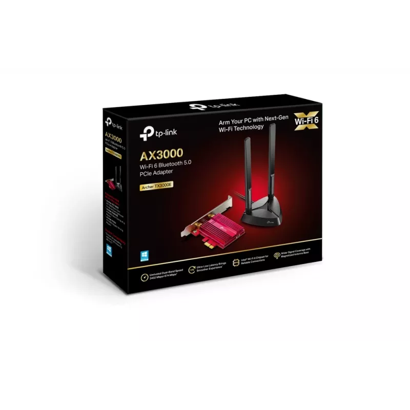 TP-Link AX3000 Wi-Fi 6 Bluetooth 5.0 PCIe adapteris, vidinis, belaidis, PCI Express, WLAN / Bluetooth, 2402 Mbit/s, juoda, raudona
