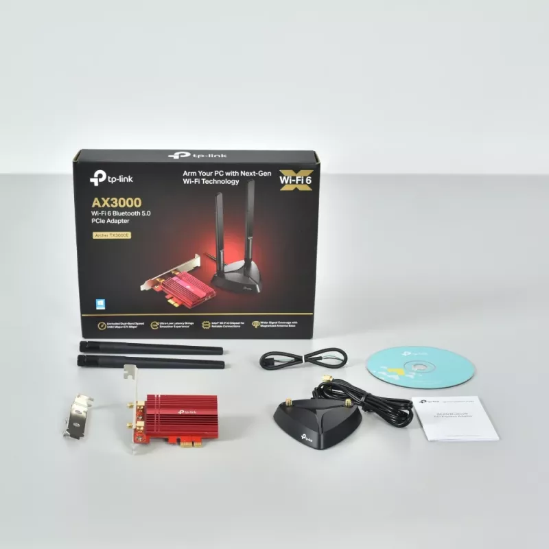 TP-Link AX3000 Wi-Fi 6 Bluetooth 5.0 PCIe adapteris, vidinis, belaidis, PCI Express, WLAN / Bluetooth, 2402 Mbit/s, juoda, raudona