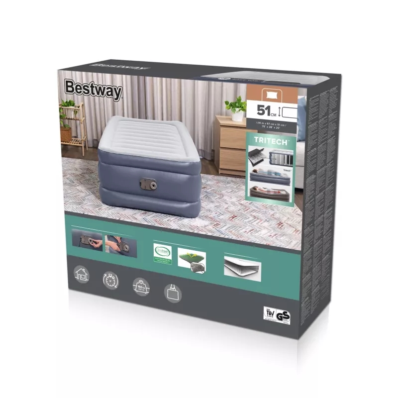 Bestway Tritech pripučiamas čiužinys Twin su įmontuotu kintamosios srovės siurbliu ir antimikrobine danga 1,91 m x 97 cm x 51 cm