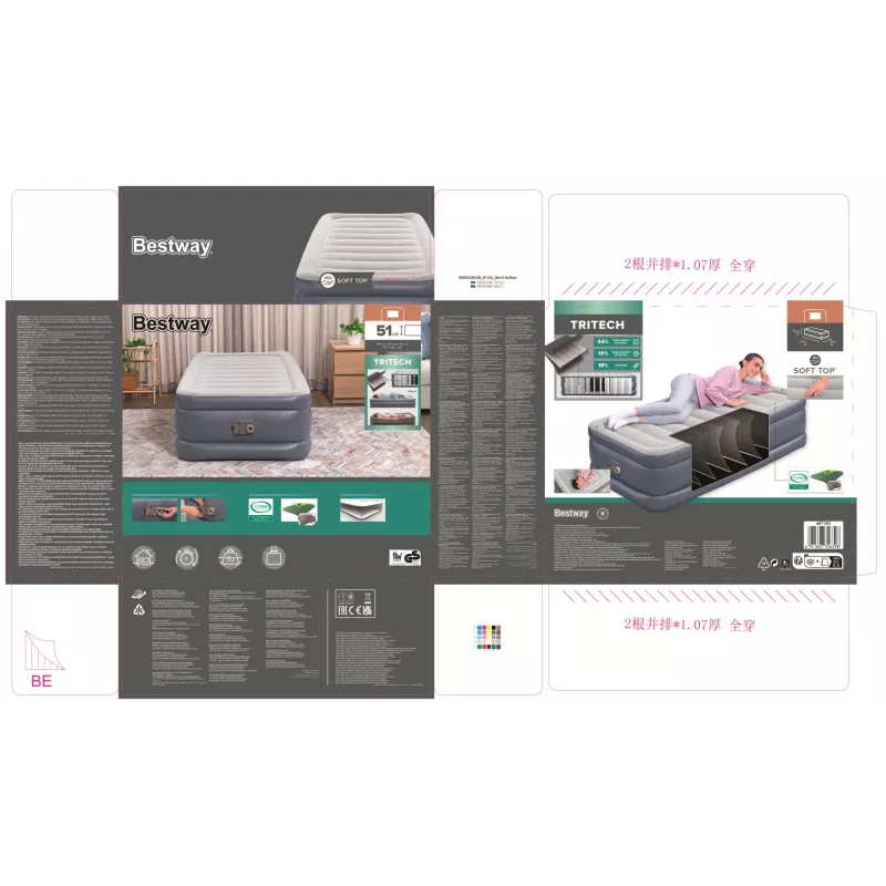 Bestway Tritech pripučiamas čiužinys Twin su įmontuotu kintamosios srovės siurbliu ir antimikrobine danga 1,91 m x 97 cm x 51 cm