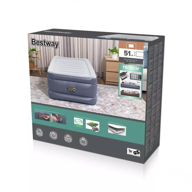 Bestway Tritech pripučiamas čiužinys Twin su įmontuotu kintamosios srovės siurbliu ir antimikrobine danga 1,91 m x 97 cm x 51 cm