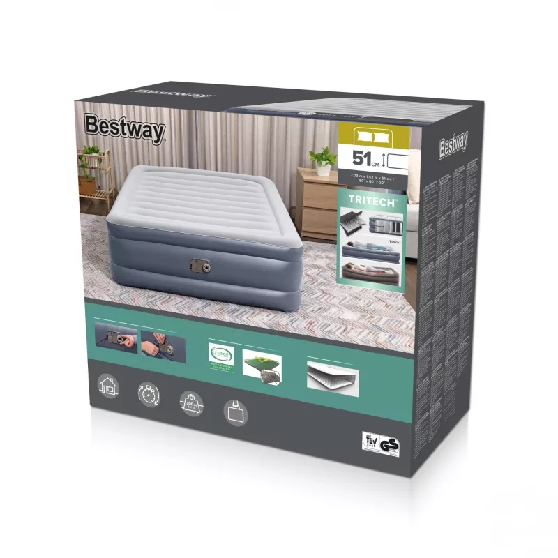 Bestway Tritech pripučiamas čiužinys Queen su įmontuotu kintamosios srovės siurbliu ir antimikrobine danga 2,03 m x 1,52 m x 51 cm