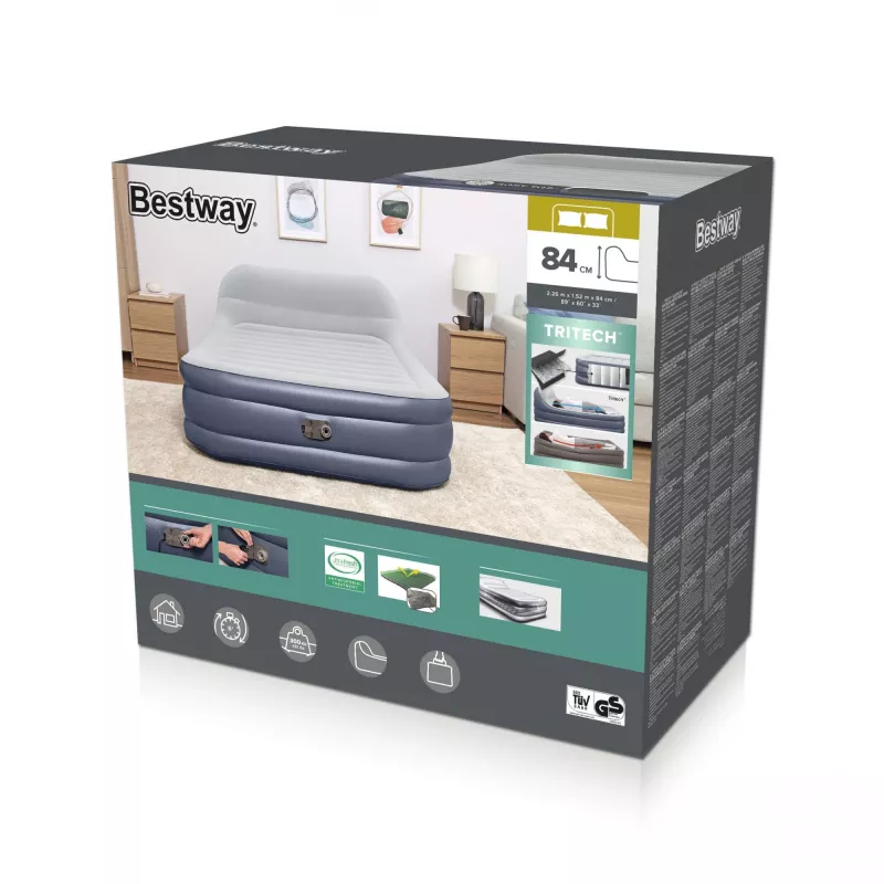 Bestway Tritech SleekFlow priekinės dalies pripučiamas čiužinys su įmontuotu kintamosios srovės siurbliu ir antimikrobine danga Queen dydžio 2,26 m x 1,52 m x 84 cm
