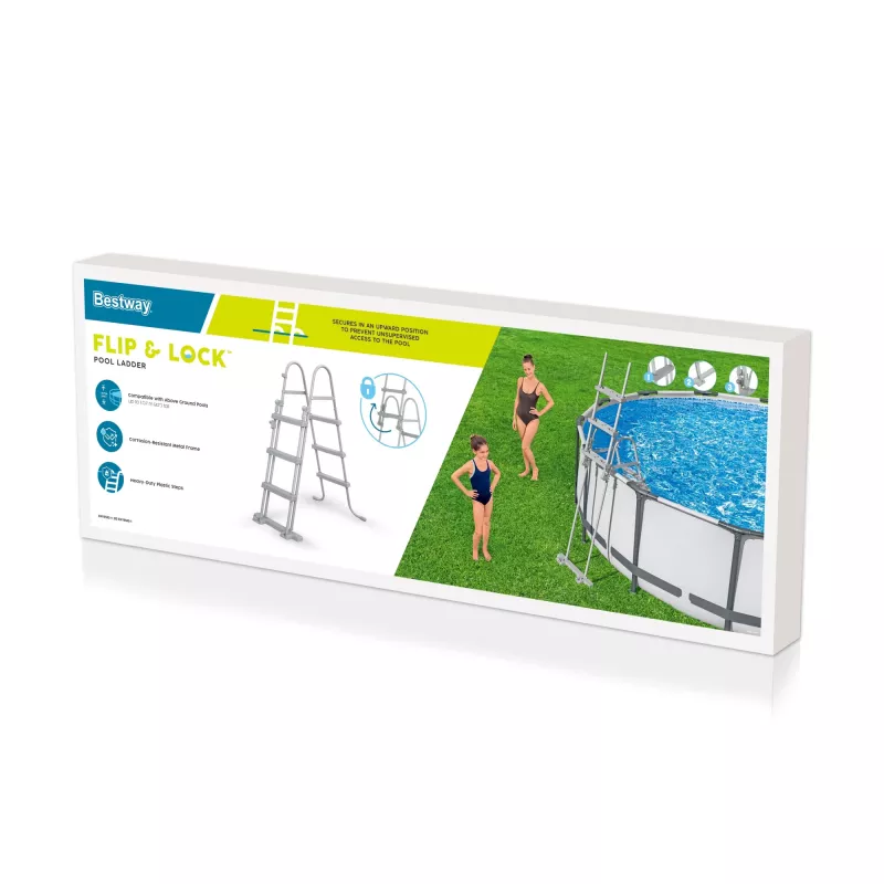 Bestway Flip & Lock antžeminio baseino kopėčios 1,07 m, kopėčios, pilkos, metalinės, 150 kg, 3 pakopos, 107 cm