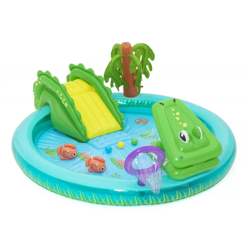 Bestway Crocodile Cove pripučiamas vandens žaidimų centras vaikams ir baseinas 2,24 m x 1,81 m x 72 cm
