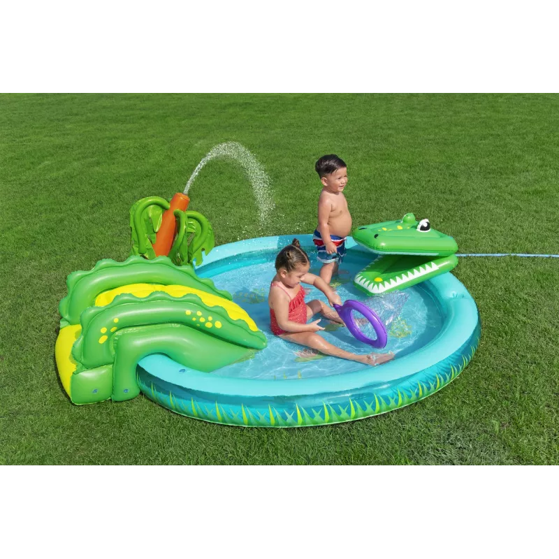 Bestway Crocodile Cove pripučiamas vandens žaidimų centras vaikams ir baseinas 2,24 m x 1,81 m x 72 cm