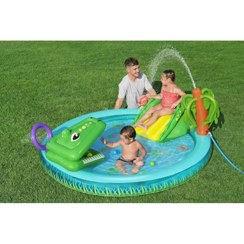 Bestway Crocodile Cove pripučiamas vandens žaidimų centras vaikams ir baseinas 2,24 m x 1,81 m x 72 cm