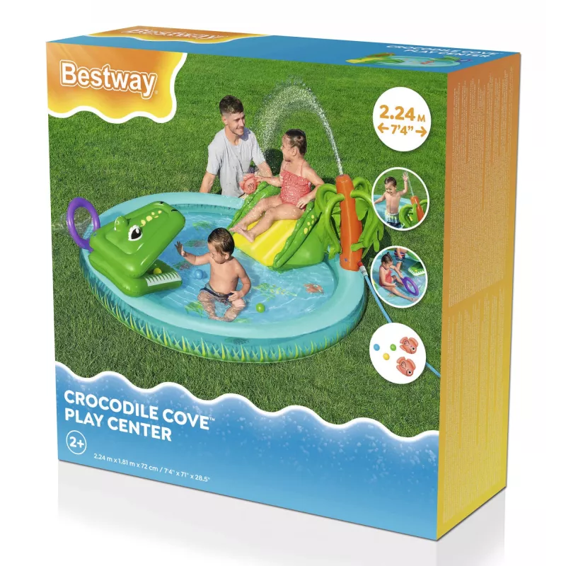 Bestway Crocodile Cove pripučiamas vandens žaidimų centras vaikams ir baseinas 2,24 m x 1,81 m x 72 cm