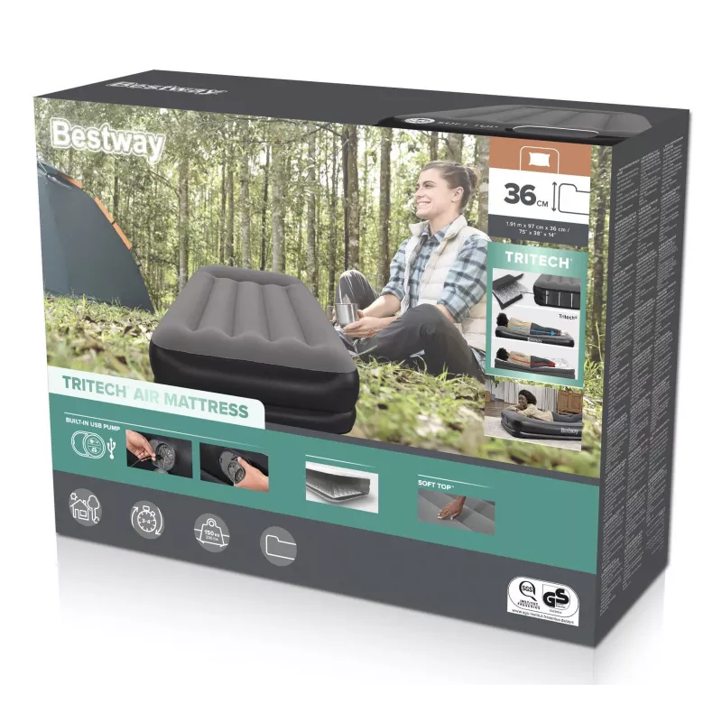 Bestway Tritech dvivietis pripučiamas čiužinys su įmontuotu USB siurbliu 1,91 m x 97 cm x 36 cm