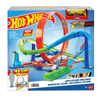 Hot Wheels Action Loop Cyclone Challenge trasos rinkinys su 1:64 mastelio mašinėle, lengvas saugojimas