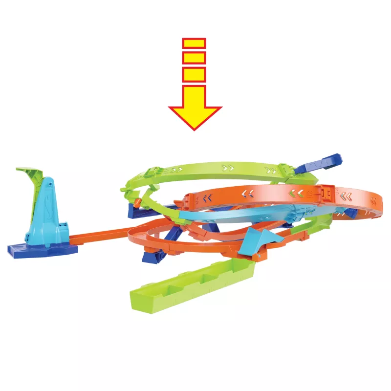 Hot Wheels Action Loop Cyclone Challenge trasos rinkinys su 1:64 mastelio mašinėle, lengvas saugojimas
