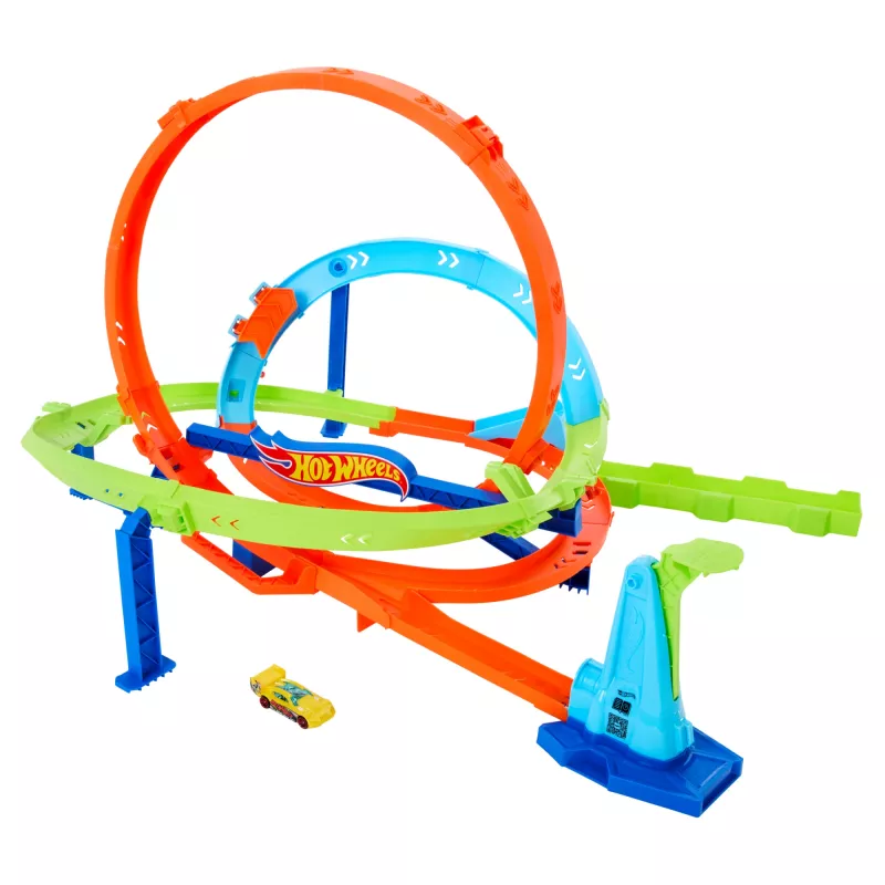 Hot Wheels Action Loop Cyclone Challenge trasos rinkinys su 1:64 mastelio mašinėle, lengvas saugojimas