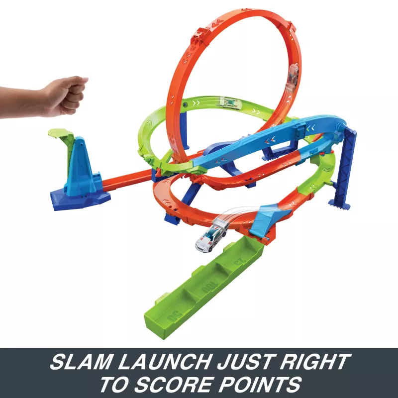 Hot Wheels Action Loop Cyclone Challenge trasos rinkinys su 1:64 mastelio mašinėle, lengvas saugojimas