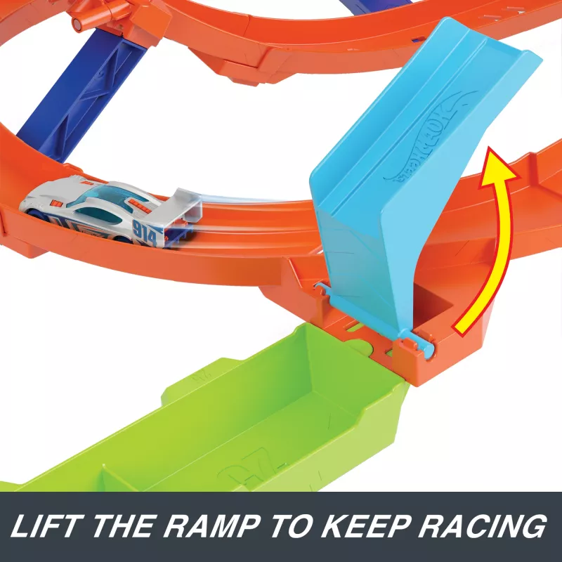Hot Wheels Action Loop Cyclone Challenge trasos rinkinys su 1:64 mastelio mašinėle, lengvas saugojimas