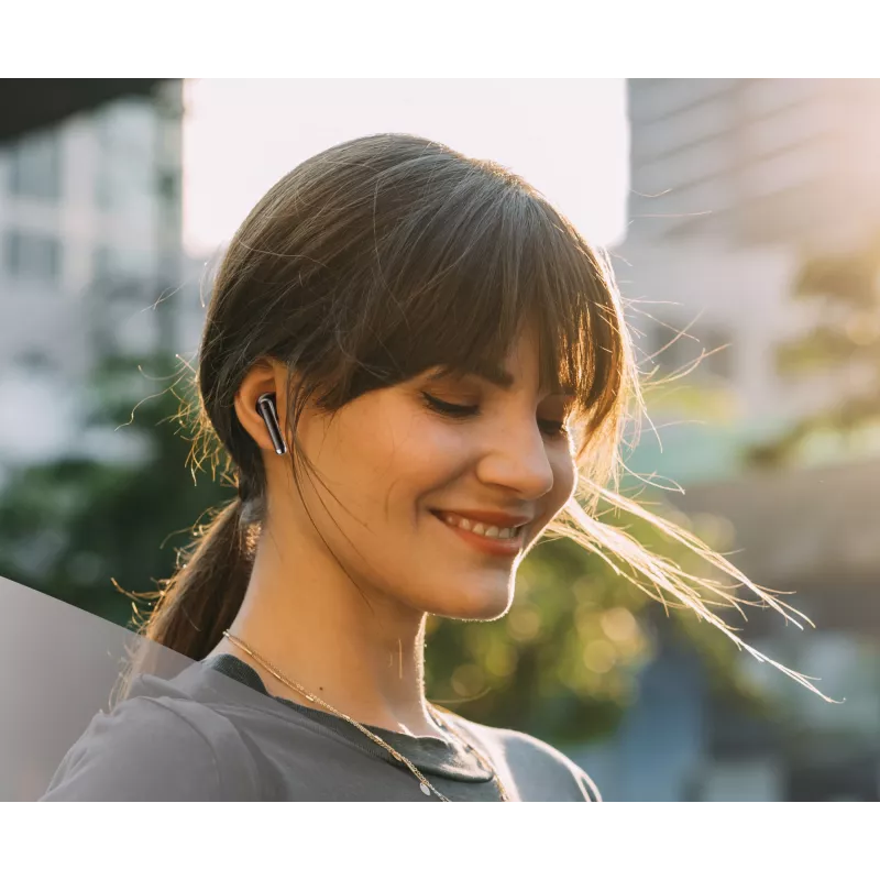 Music Sound Breeze kapsulės stiliaus Bluetooth ausinės su spalvotu dėklu