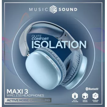 Music Sound MAXI3 MAXI3 belaidės ant ausų dedamos ausinės su aktyviu triukšmo slopinimu: įtraukiantis ir neblaškomas klausymosi potyris, iki 35 valandų baterijos veikimo laiko. Modernus dizainas, komfortas, stilius ir galingas, revoliucinis garsas.