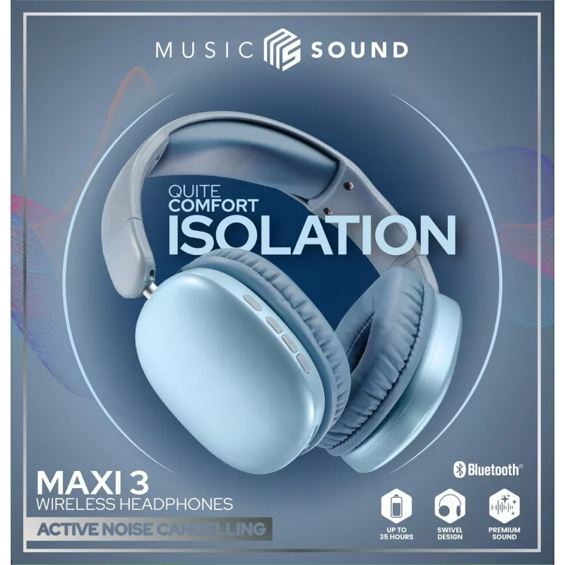 Music Sound MAXI3 MAXI3 belaidės ant ausų dedamos ausinės su aktyviu triukšmo slopinimu: įtraukiantis ir neblaškomas klausymosi potyris, iki 35 valandų baterijos veikimo laiko. Modernus dizainas, komfortas, stilius ir galingas, revoliucinis garsas.