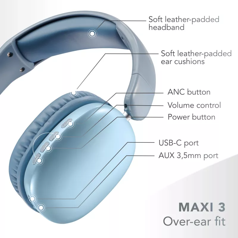 Music Sound MAXI3 MAXI3 belaidės ant ausų dedamos ausinės su aktyviu triukšmo slopinimu: įtraukiantis ir neblaškomas klausymosi potyris, iki 35 valandų baterijos veikimo laiko. Modernus dizainas, komfortas, stilius ir galingas, revoliucinis garsas.