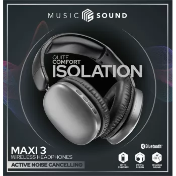 Music Sound MAXI3 belaidės ant ausų uždedamos ausinės su aktyviu triukšmo slopinimu: įtraukiantis ir dėmesio neblaškantis klausymasis, iki 35 valandų baterijos veikimo. Šiuolaikiškas dizainas, patogumas, stilius ir galingas, revoliucinis garsas.