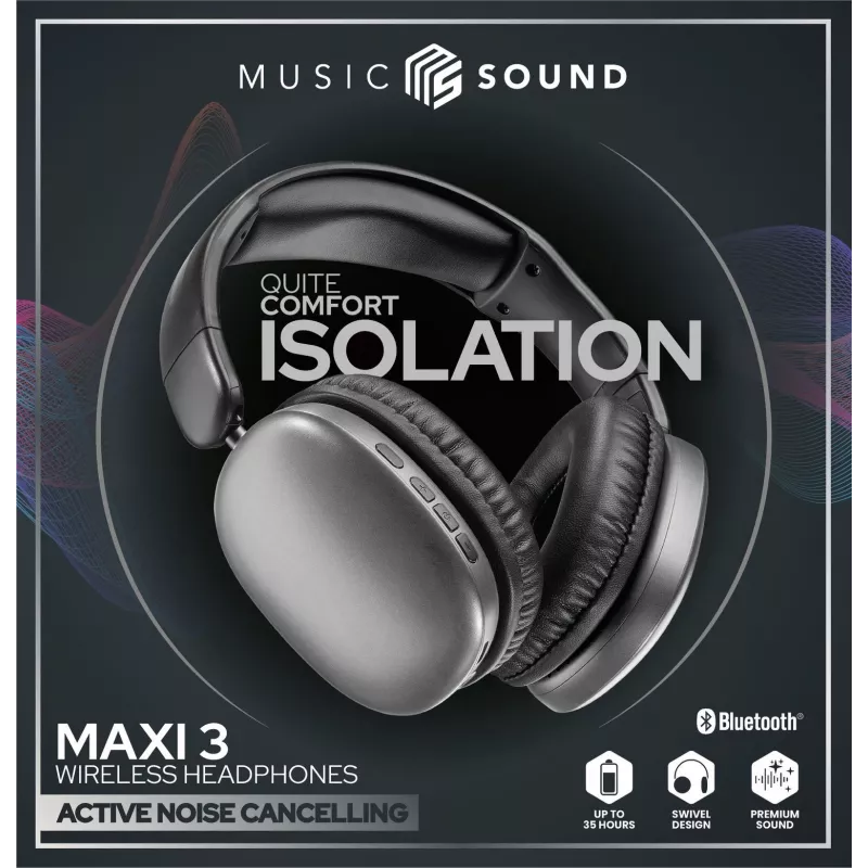 Music Sound MAXI3 belaidės ant ausų uždedamos ausinės su aktyviu triukšmo slopinimu: įtraukiantis ir dėmesio neblaškantis klausymasis, iki 35 valandų baterijos veikimo. Šiuolaikiškas dizainas, patogumas, stilius ir galingas, revoliucinis garsas.
