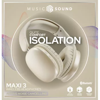 Music Sound MAXI3 MAXI3 belaidės ant ausų uždedamos ausinės su aktyviu triukšmo slopinimu: įtraukiantis ir blaškymosi netrikdomas klausymosi potyris, baterijos veikimo laikas iki 35 valandų. Šiuolaikiškas dizainas, komfortas, stilius ir galingas, revoliucinis garsas.
